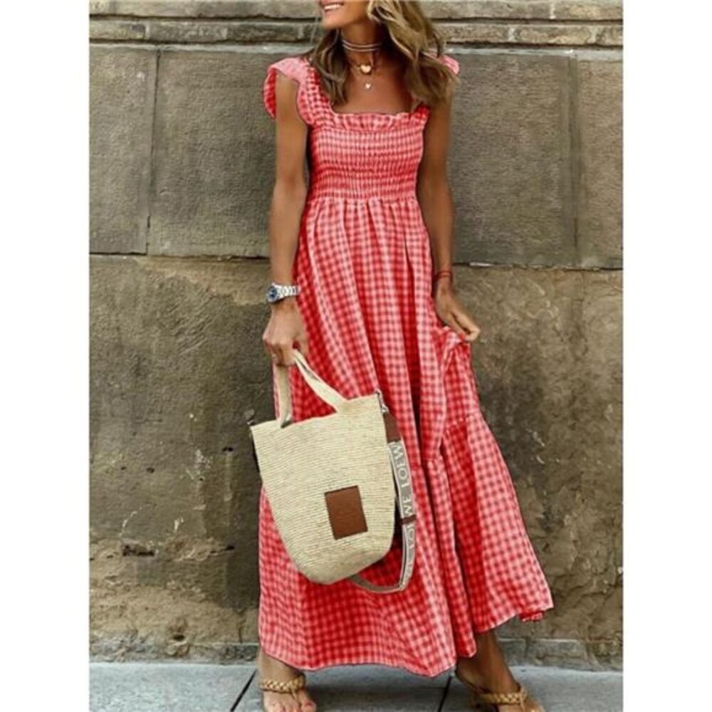 Full Size Gingham Smocked Ruffle Maxi Dress Plus Size